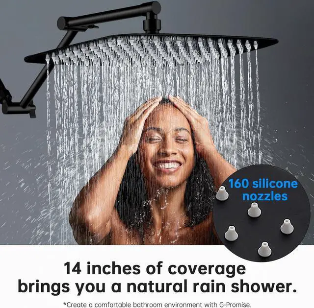 Alt view image 4 of 7 - G-Promise All Metal 14 Inch Rain Shower Head with 16 Inch Adjustable Extension Arm | High Pressure Rainfall Showerhead | Luxury Modern Look Rectangular Large Waterfall Showerhead (Matte Black)