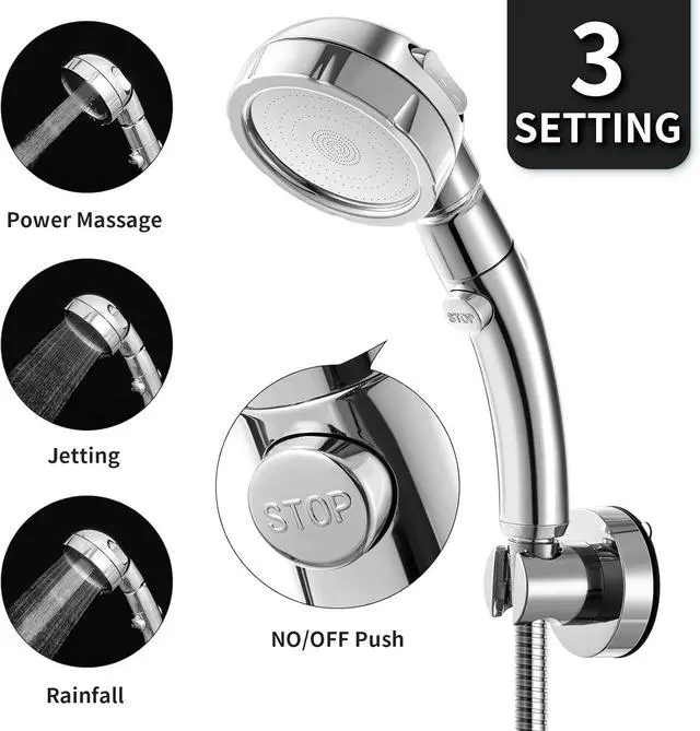 Alt view image 2 of 6 - Marbrasse 3-Settings Handheld High Pressure Showerhead with ON/Off Full Shutoff Push Button,Water-saving Camping Shower with Adjustable Angle(Vacuum Suction Shower Head Holder+5 Feet Shower Hose)