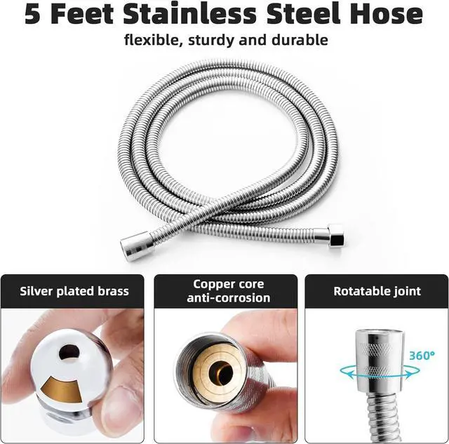 Alt view image 4 of 6 - Marbrasse 3-Settings Handheld High Pressure Showerhead with ON/Off Full Shutoff Push Button,Water-saving Camping Shower with Adjustable Angle(Vacuum Suction Shower Head Holder+5 Feet Shower Hose)