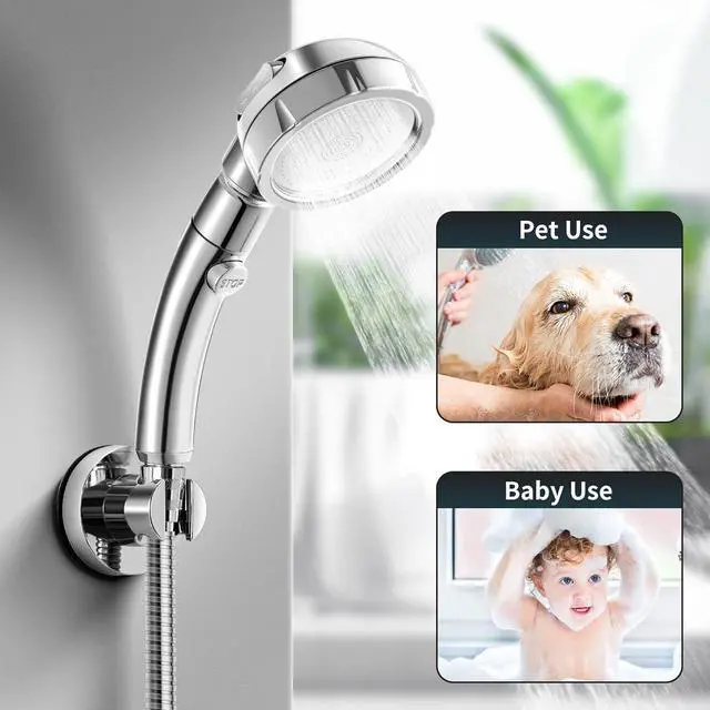 Alt view image 6 of 6 - Marbrasse 3-Settings Handheld High Pressure Showerhead with ON/Off Full Shutoff Push Button,Water-saving Camping Shower with Adjustable Angle(Vacuum Suction Shower Head Holder+5 Feet Shower Hose)