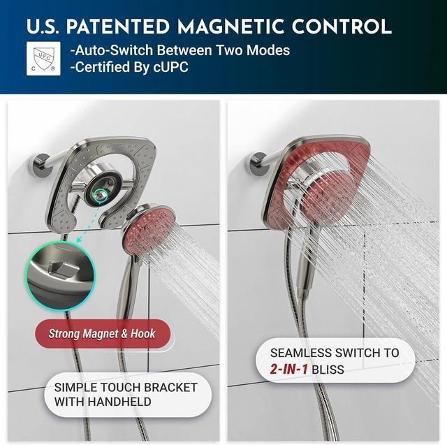 Alt view image 2 of 7 - Shower Head Handheld Spray Combo 10 Mode Spray Settings Magnetic 2-in-1 High Pressure Dual Showerhead Auto-Switch Square Combination, Brushed Nickel
