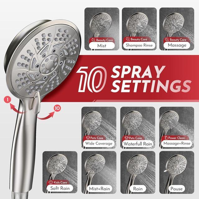 Alt view image 3 of 7 - Shower Head Handheld Spray Combo 10 Mode Spray Settings Magnetic 2-in-1 High Pressure Dual Showerhead Auto-Switch Square Combination, Brushed Nickel