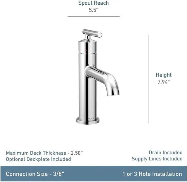 Alt view image 3 of 7 - Moen 6145 Gibson One Handle Single Hole Modern Bathroom Sink Faucet with Optional Deckplate, 1 count, Chrome