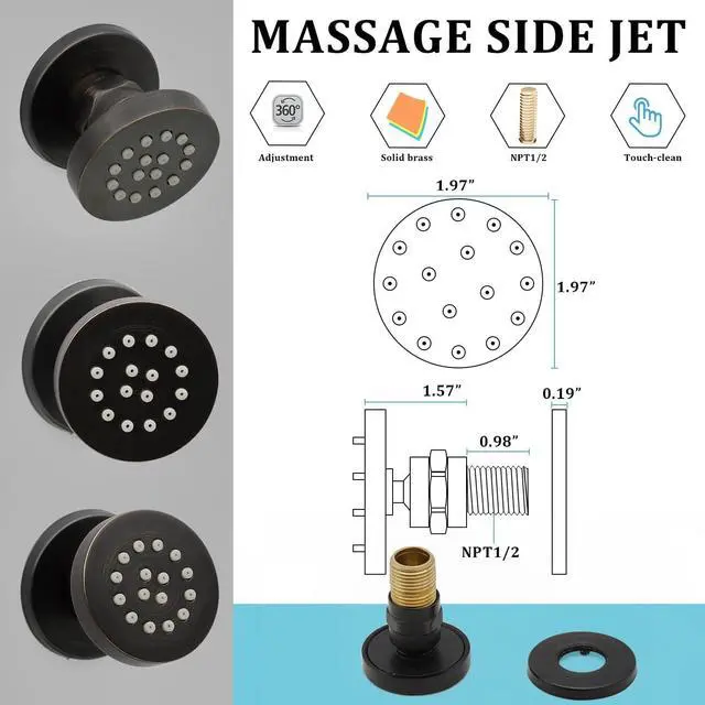 Alt view image 6 of 7 - HOMEDEC 2inch Round Shower Body Spray Jets, Brass Showerhead Shower Jets Massage Spa Body Sprays Shower Nozzle Wall Mount, 4PCS, Oil Rubbed Bronze