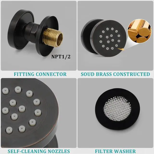 Alt view image 7 of 7 - HOMEDEC 2inch Round Shower Body Spray Jets, Brass Showerhead Shower Jets Massage Spa Body Sprays Shower Nozzle Wall Mount, 4PCS, Oil Rubbed Bronze