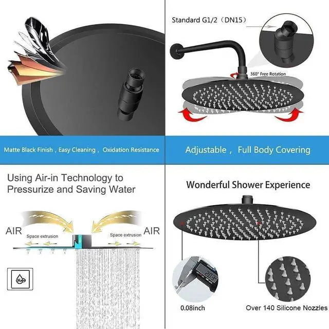 Alt view image 3 of 6 - NearMoon Round Rain Shower Head With Extension Arm, Large Stainless Steel Rainfall Shower-Waterfall Full Body Coverage (12 Inch, Matte Black)