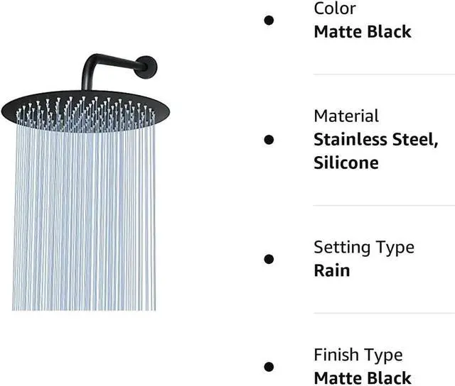 Alt view image 6 of 6 - NearMoon Round Rain Shower Head With Extension Arm, Large Stainless Steel Rainfall Shower-Waterfall Full Body Coverage (12 Inch, Matte Black)
