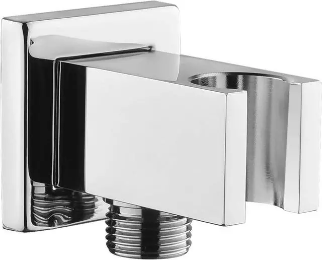 Main image of Chrome Wall Supply Elbow with Hand Shower Holder, Keymark Brass Square 1/2Shower Hose Connector, Wall Mount Drop Ell Union Water Outlet