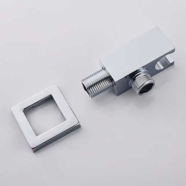 Alt view image 4 of 7 - Chrome Wall Supply Elbow with Hand Shower Holder, Keymark Brass Square 1/2Shower Hose Connector, Wall Mount Drop Ell Union Water Outlet