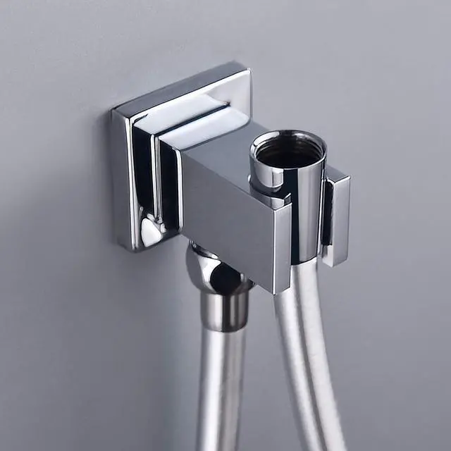 Alt view image 7 of 7 - Chrome Wall Supply Elbow with Hand Shower Holder, Keymark Brass Square 1/2Shower Hose Connector, Wall Mount Drop Ell Union Water Outlet