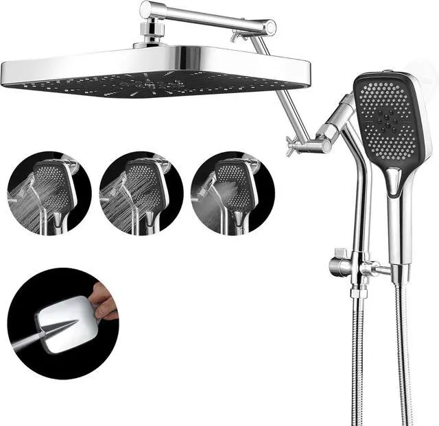 Main image of 14" High Pressure Rain/Rainfall Shower Heads With Handheld Spray Combo (3+1 Settings & Built-in Power Wash Mode), Double/Dual Shower Head With Handheld - Height/Angle Adjustable(Polished Chrome)