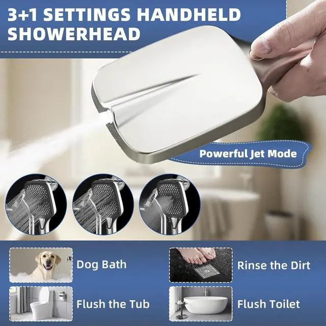 Alt view image 2 of 7 - 14" High Pressure Rain/Rainfall Shower Heads With Handheld Spray Combo (3+1 Settings & Built-in Power Wash Mode), Double/Dual Shower Head With Handheld - Height/Angle Adjustable(Polished Chrome)