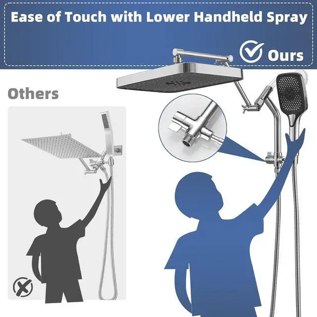 Alt view image 3 of 7 - 14" High Pressure Rain/Rainfall Shower Heads With Handheld Spray Combo (3+1 Settings & Built-in Power Wash Mode), Double/Dual Shower Head With Handheld - Height/Angle Adjustable(Polished Chrome)