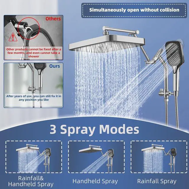 Alt view image 4 of 7 - 14" High Pressure Rain/Rainfall Shower Heads With Handheld Spray Combo (3+1 Settings & Built-in Power Wash Mode), Double/Dual Shower Head With Handheld - Height/Angle Adjustable(Polished Chrome)