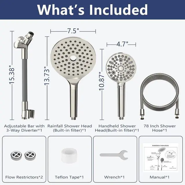 Alt view image 2 of 7 - HANLIAN Filtration Shower Heads with Handheld Spray Combo, High Pressure Rainfall Shower Head with Handheld Combo, Filtered Dual Shower Head with Hand Held, Double Shower Heads (Brushed Nickel)