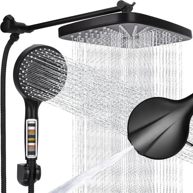 Main image of Shower Head 12'' High Pressure Rain Shower Head Combo, Filtered Handheld with 10 Water Spray, 3-Way Diverter Extension Arm Rainfall Showerhead, Adjustable Shower head with Anti-Clog Nozzles