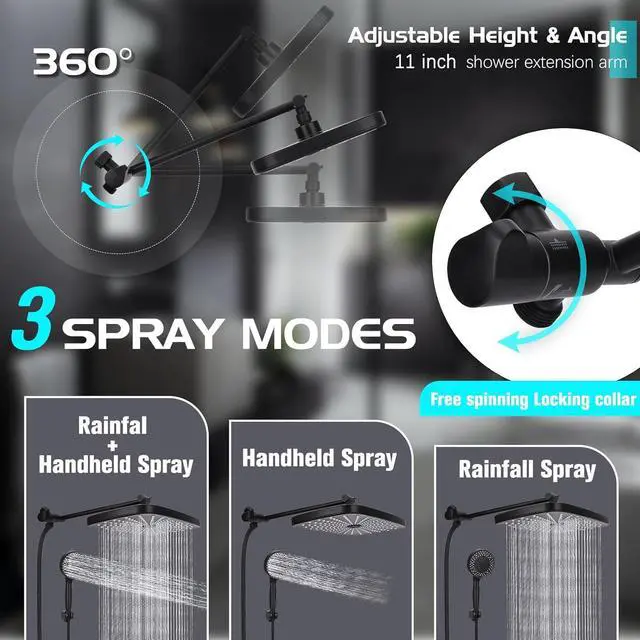 Alt view image 2 of 7 - Shower Head 12'' High Pressure Rain Shower Head Combo, Filtered Handheld with 10 Water Spray, 3-Way Diverter Extension Arm Rainfall Showerhead, Adjustable Shower head with Anti-Clog Nozzles