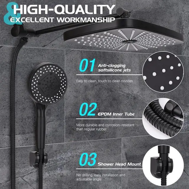 Alt view image 5 of 7 - Shower Head 12'' High Pressure Rain Shower Head Combo, Filtered Handheld with 10 Water Spray, 3-Way Diverter Extension Arm Rainfall Showerhead, Adjustable Shower head with Anti-Clog Nozzles