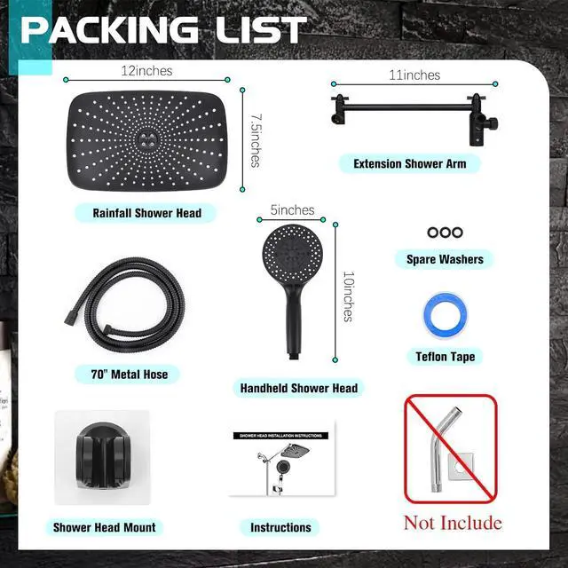 Alt view image 7 of 7 - Shower Head 12'' High Pressure Rain Shower Head Combo, Filtered Handheld with 10 Water Spray, 3-Way Diverter Extension Arm Rainfall Showerhead, Adjustable Shower head with Anti-Clog Nozzles