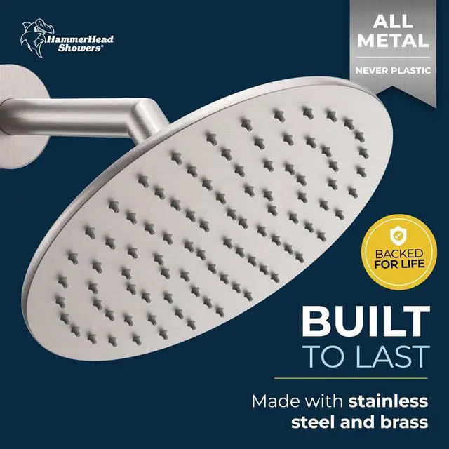 Alt view image 2 of 7 - HammerHead Showers® ALL METAL 8 Inch Rainfall Shower Head  BRUSHED NICKEL - Shower Head Rainfall - 2.5 GPM High Flow Shower Head Optimized for Pressure  Large Round Rain Shower Heads