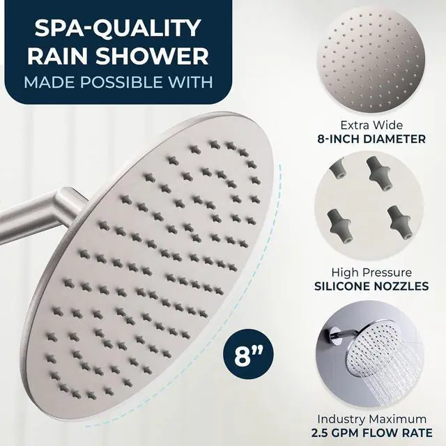 Alt view image 3 of 7 - HammerHead Showers® ALL METAL 8 Inch Rainfall Shower Head  BRUSHED NICKEL - Shower Head Rainfall - 2.5 GPM High Flow Shower Head Optimized for Pressure  Large Round Rain Shower Heads