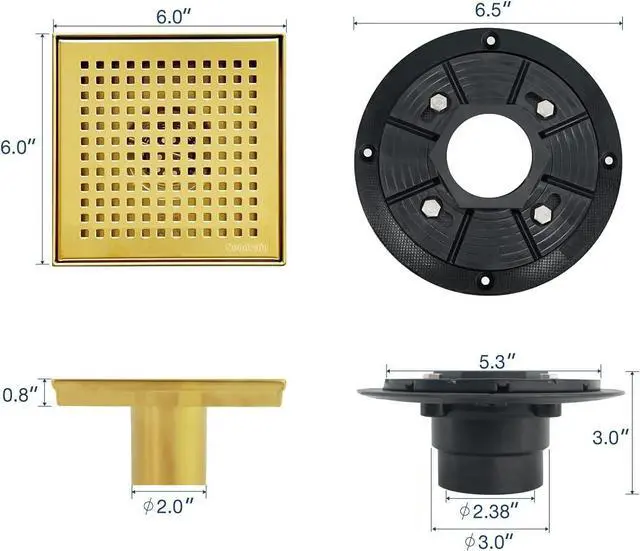 Alt view image 2 of 7 - Neodrain 6 in Brushed Brass Square Shower Drain with Removable Quadrato Pattern Grate, PVC Shower Drain Base and Rubber Gasket, Gold 6" Square Drain with CUPC Certified, Golden Hair Strainer