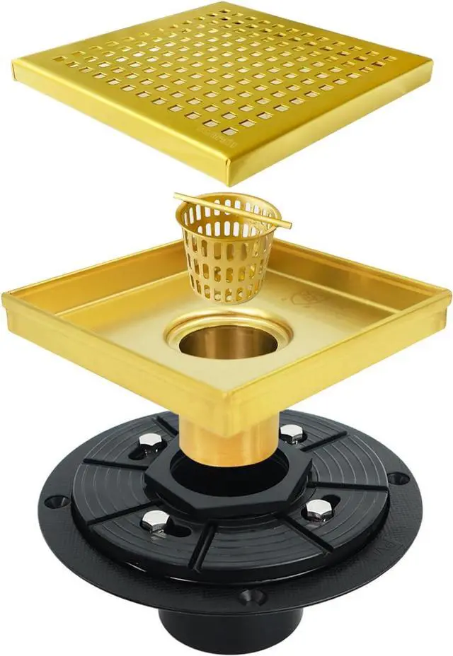 Alt view image 3 of 7 - Neodrain 6 in Brushed Brass Square Shower Drain with Removable Quadrato Pattern Grate, PVC Shower Drain Base and Rubber Gasket, Gold 6" Square Drain with CUPC Certified, Golden Hair Strainer