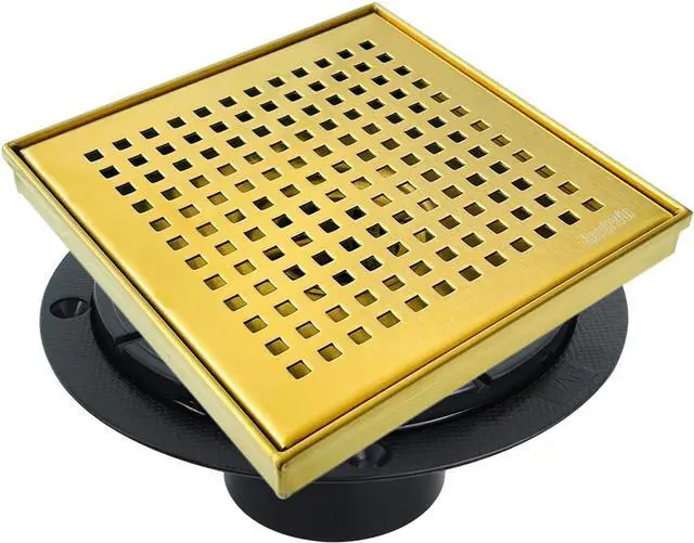 Alt view image 4 of 7 - Neodrain 6 in Brushed Brass Square Shower Drain with Removable Quadrato Pattern Grate, PVC Shower Drain Base and Rubber Gasket, Gold 6" Square Drain with CUPC Certified, Golden Hair Strainer