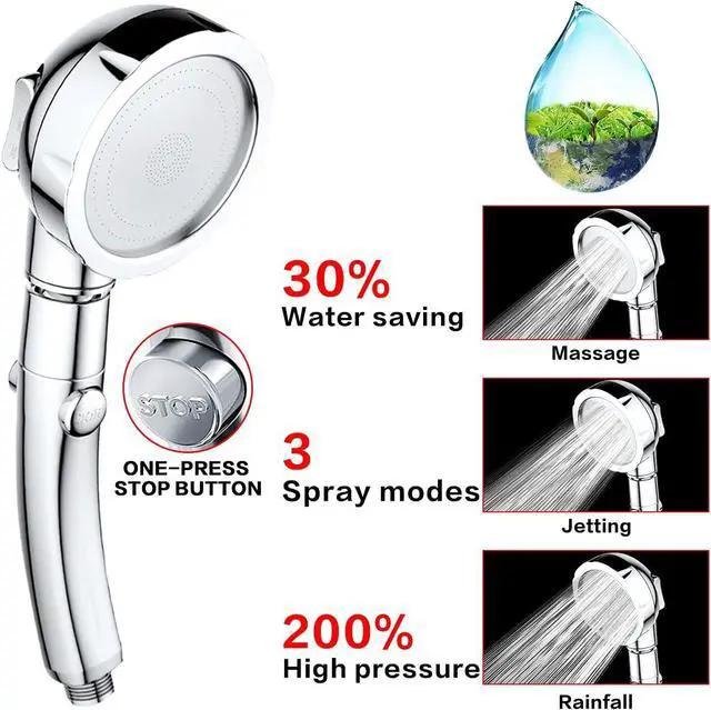 Alt view image 2 of 7 - Nosame Shower High Pressure Handheld Shower Head with ON/Off Pause Switch 3-Settings Water Saving Showerhead Chrome Finish Bathroom 1.6 GPM Shower Accessorie