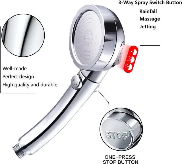 Alt view image 4 of 7 - Nosame Shower High Pressure Handheld Shower Head with ON/Off Pause Switch 3-Settings Water Saving Showerhead Chrome Finish Bathroom 1.6 GPM Shower Accessorie