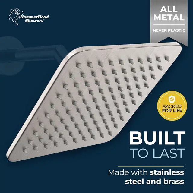 Alt view image 2 of 7 - HammerHead Showers All Metal 8 Inch Square Rainfall Shower Head, High Flow Shower Head Optimized for Pressure, Brushed Nickel, 2.5 GPM