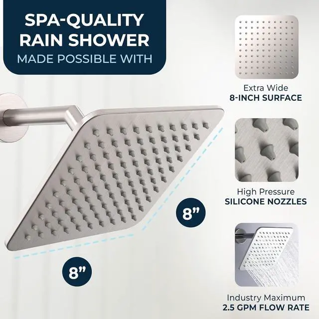 Alt view image 3 of 7 - HammerHead Showers All Metal 8 Inch Square Rainfall Shower Head, High Flow Shower Head Optimized for Pressure, Brushed Nickel, 2.5 GPM