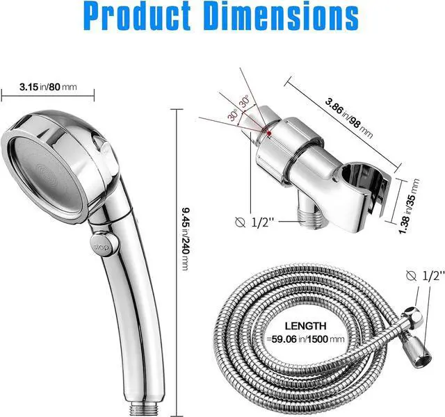Alt view image 2 of 7 - JONKEAN High Pressure Shower Head with 3 Spray Settings, Water Saving Handheld RV Shower Head with Hose and On Off Switch, Detachable Shower Heads with Hose and Angle-Adjustable Bracket (Chrome)
