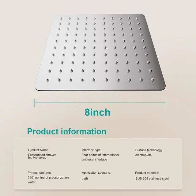 Alt view image 2 of 6 - Square Rain Shower Head, High Flow Stainless Steel,Work with any decorative styleAll Metal Rainfall Shower Head (Brushed Nickel, 8)