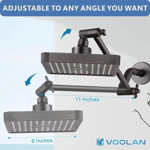 Alt view image 4 of 6 - Voolan Rain Shower Head with 11" Extension Arm - High Pressure Rainfall Showerhead - Luxury Modern Look - Comfortable Shower Experience Even at Low Water Flow (Square, Oil Rubbed Bronze)