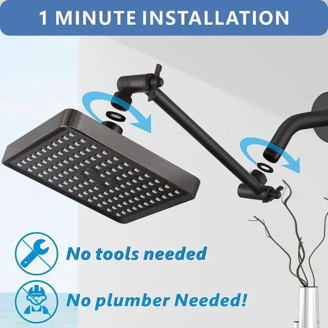 Alt view image 5 of 6 - Voolan Rain Shower Head with 11" Extension Arm - High Pressure Rainfall Showerhead - Luxury Modern Look - Comfortable Shower Experience Even at Low Water Flow (Square, Oil Rubbed Bronze)