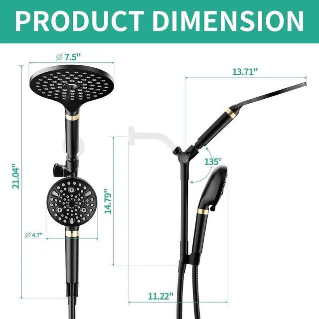 Alt view image 2 of 7 - Filtered Rainfall Shower Head with Handheld Spray Combo, Dual Shower Head Combo High Pressure, Double Sprayer Filter Shower Head with Extra Long Hose & Adjustable Shower Arm (Black)