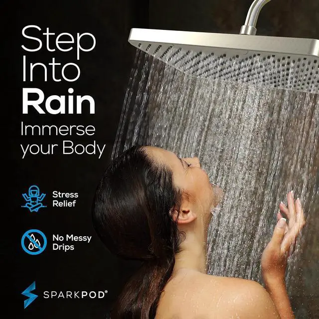 Alt view image 2 of 6 - SparkPod 12 Inch Rectangle Rain Shower Head - Ceiling or Wall Mount Rainfall Shower Head - Large Coverage Showerhead - Brass Ball Joint with 360° Adjustment - 1-Min Install (Elegant Brushed Nickel)