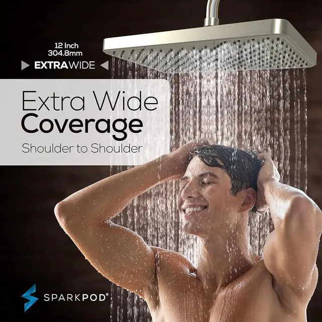 Alt view image 3 of 6 - SparkPod 12 Inch Rectangle Rain Shower Head - Ceiling or Wall Mount Rainfall Shower Head - Large Coverage Showerhead - Brass Ball Joint with 360° Adjustment - 1-Min Install (Elegant Brushed Nickel)