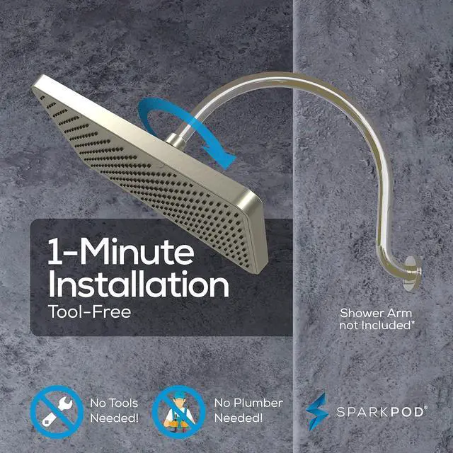 Alt view image 5 of 6 - SparkPod 12 Inch Rectangle Rain Shower Head - Ceiling or Wall Mount Rainfall Shower Head - Large Coverage Showerhead - Brass Ball Joint with 360° Adjustment - 1-Min Install (Elegant Brushed Nickel)
