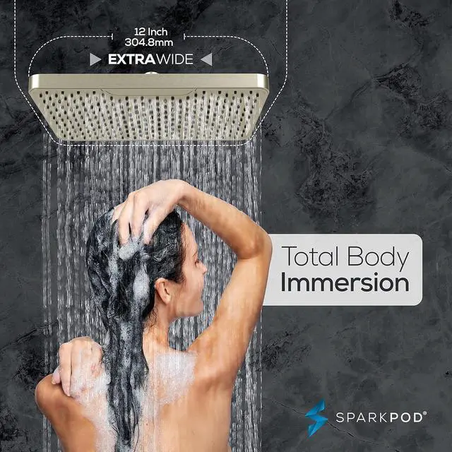 Alt view image 6 of 6 - SparkPod 12 Inch Rectangle Rain Shower Head - Ceiling or Wall Mount Rainfall Shower Head - Large Coverage Showerhead - Brass Ball Joint with 360° Adjustment - 1-Min Install (Elegant Brushed Nickel)