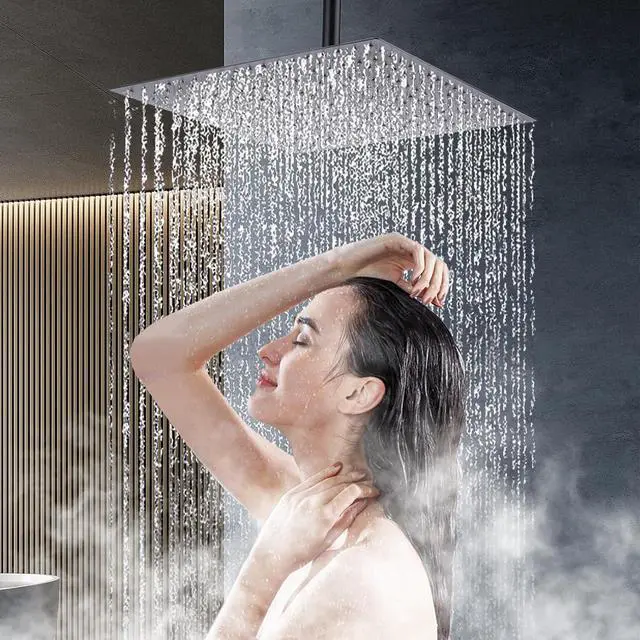 Alt view image 2 of 7 - Rain Shower Head, 16 Inch High Pressure Stainless Steel Rainfall Shower Head Square Waterfall Bath Shower with Silicone Nozzle and Adjustable Metal Swivel Ball Joint, Black