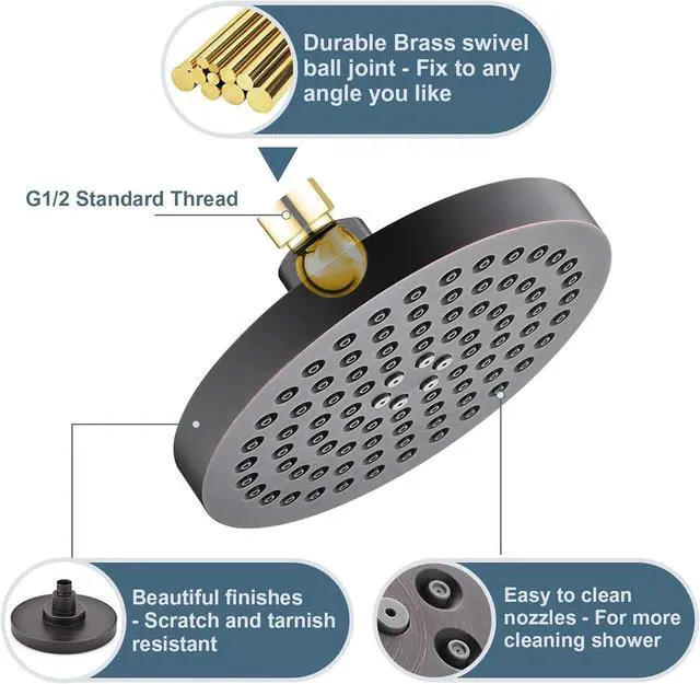 Alt view image 2 of 7 - BRIGHT SHOWERS High Pressure Shower Head, 6 Inch Rain Shower Head, 2 Spray Settings Rainfall Shower Heads, Adjustable Angle Replacement Bathroom Showerhead, Easy Installation Oil Rubbed Bronze