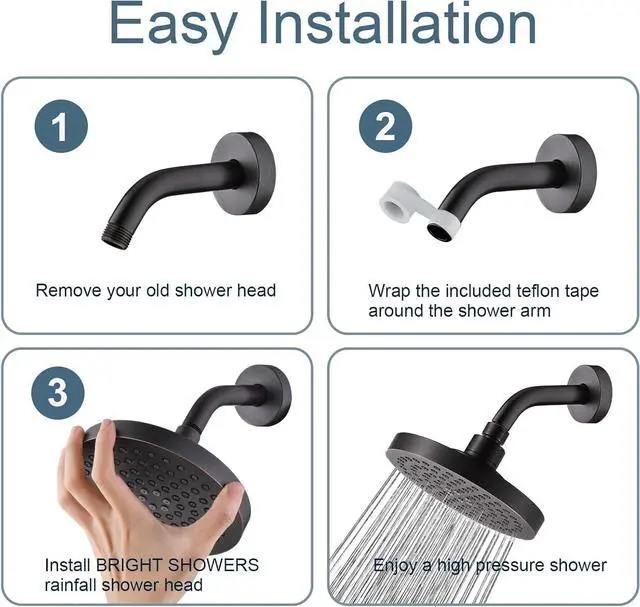 Alt view image 7 of 7 - BRIGHT SHOWERS High Pressure Shower Head, 6 Inch Rain Shower Head, 2 Spray Settings Rainfall Shower Heads, Adjustable Angle Replacement Bathroom Showerhead, Easy Installation Oil Rubbed Bronze