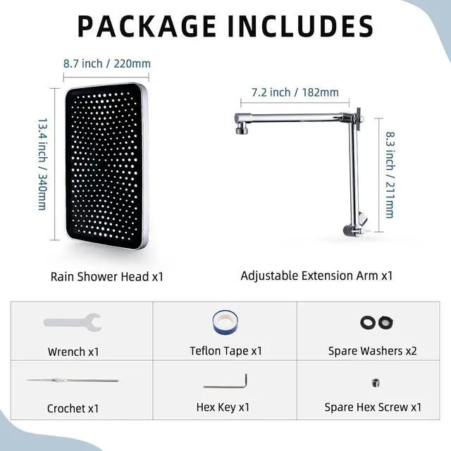 Alt view image 6 of 6 - 13 Inches Rain Shower Head with Extension Arm, Luxury Rainfall Showerhead, 16 Inch Metal Adjustable Arm Extender with Lock Joints