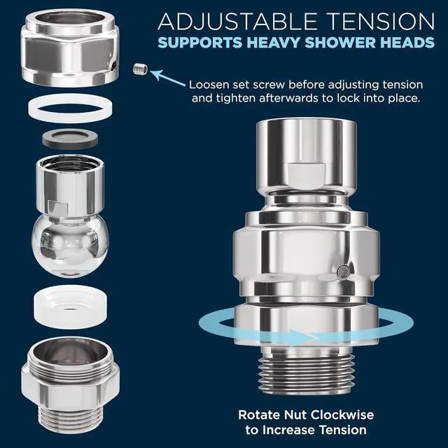 Alt view image 7 of 7 - HammerHead Showers® ALL METAL Shower Head Swivel Ball Adapter, Chrome | Adjustable Pivot Ball To Adjust Showerhead Angle | Universal Connector Joint Fits Fixed, Hand Held & Rain Shower Heads