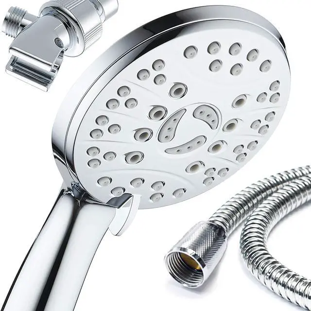 Alt view image 7 of 7 - High Pressure 6-setting Luxury Handheld Shower Head  Extra Long 6 Foot Stainless Steel Hose  Extra Large Face  Anti Clog Jets  Brass Connection Nuts  All Chrome Finish  Top US Brand