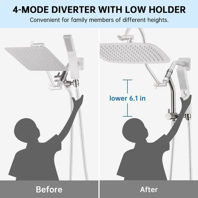 Alt view image 4 of 6 - G-Promise All Metal 14 Inch Shower Head with Massage Mode Handheld, Rain Shower Head with Handheld Spray Combo, 3-Way Diverter with Pause Setting, 13 Inch Adjustable Extension Arm (Brushed Nickel)