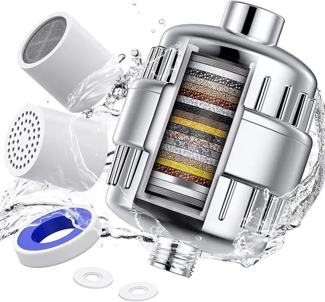 Main image of Shower Filter 20 Stage Showerhead Filter for Hard Water with 2 Replaceable Cartridges for Removing Chlorine Fluoride, Polished Chrome