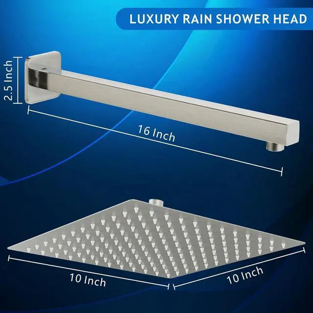 Alt view image 3 of 7 - Voolan All Metal Shower Head with Extension Arm, Stainless Steel Waterfall Rainfall Showerheads, High Flow Bathroom Square Rain Shower Head (10 Shower Head with 16 Shower Arm, Brushed Nickel)